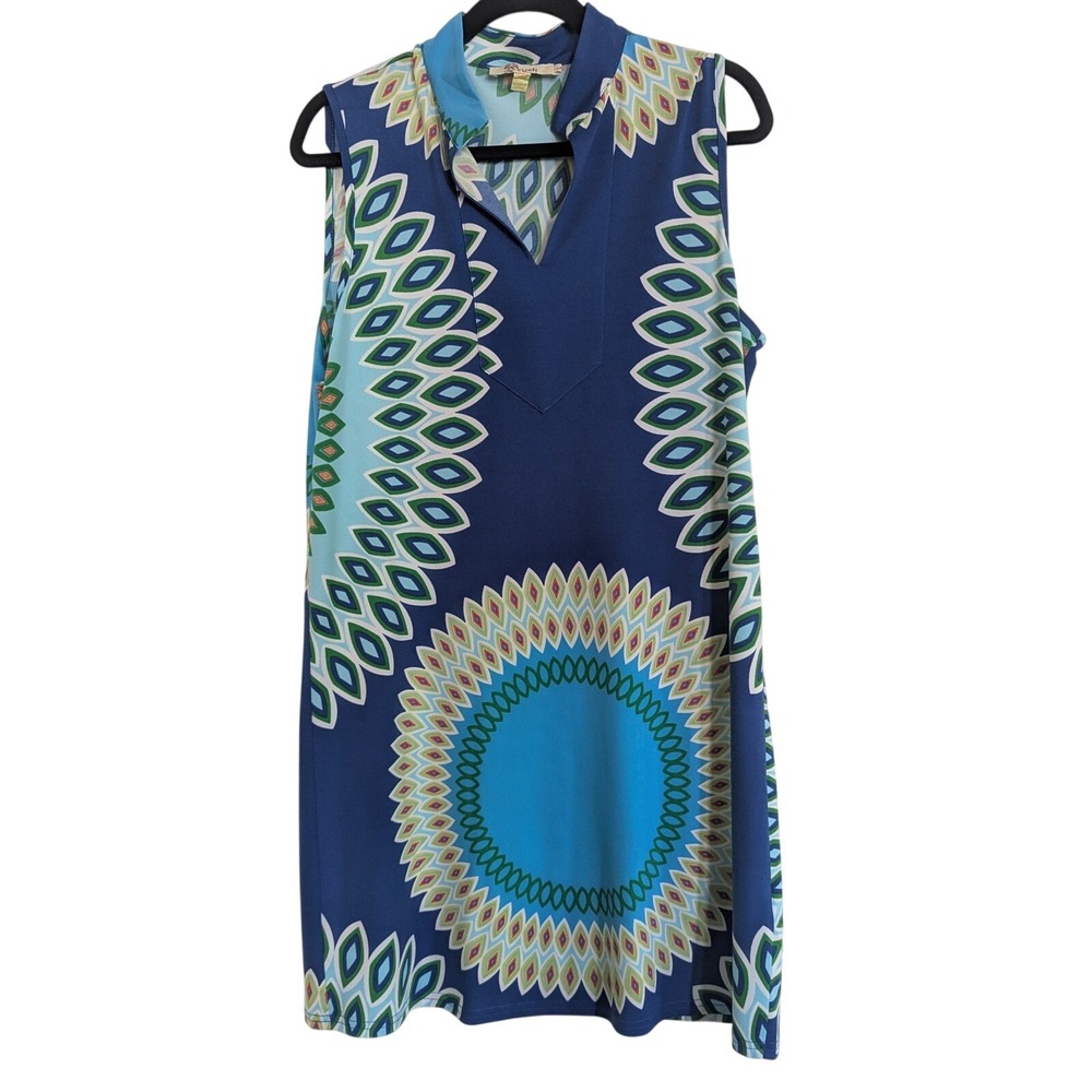 LARGE Travel Dress Mediterranean Medallion Shift Blue Green Split Neck Women